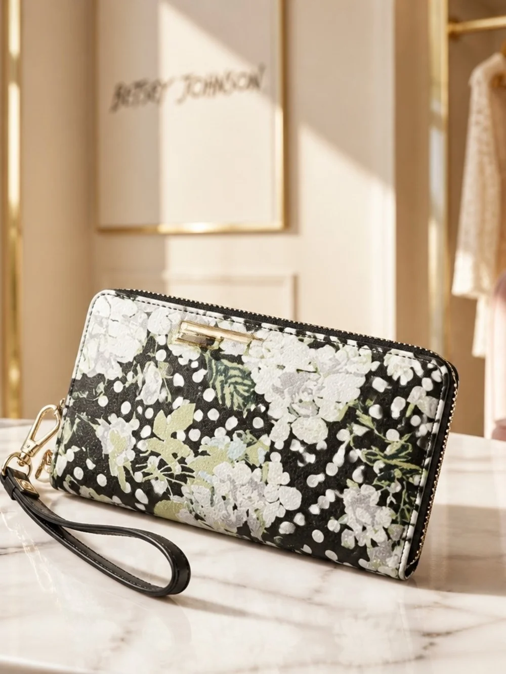 Betsey Johnson Black Floral Polka Dot Zip Wristlet Wallet